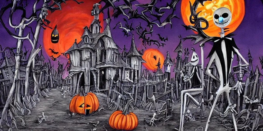 Image similar to a beautiful painting of a halloween town, pumpkin king town jack skellington, by the nightmare before christmas