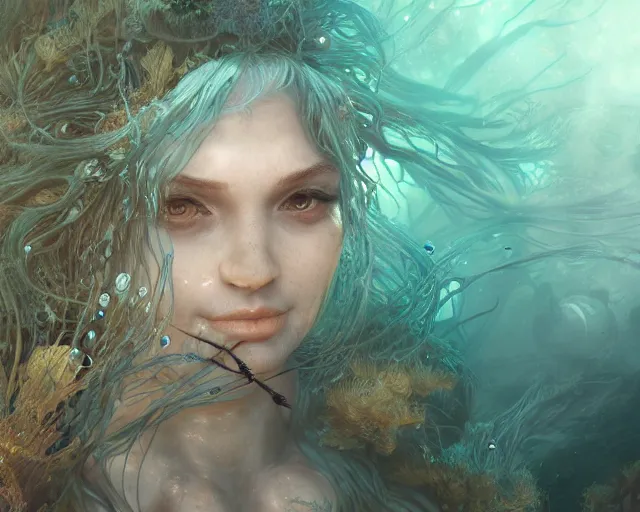 Image similar to underwater witch, au naturel, hyper detailed, digital art, trending in artstation, cinematic lighting, studio quality, smooth render, unreal engine 5 rendered, octane rendered, art style by klimt and nixeu and ian sprigger and wlop and krenz cushart.