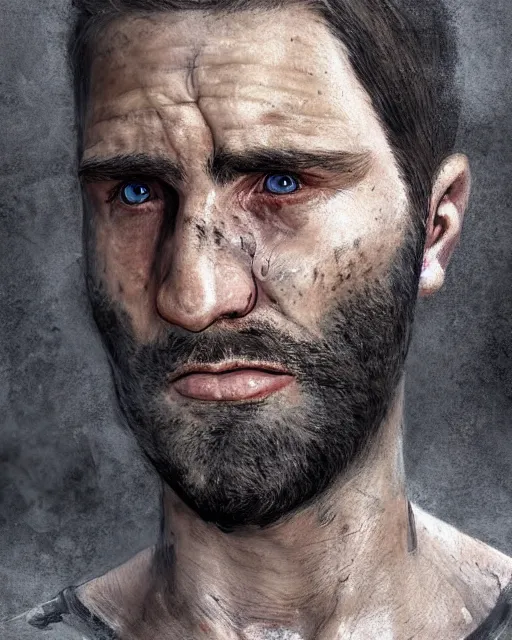 Image similar to portrait of muscular, tired and alcoholic 3 0 - year - old grieving man with short darkblonde hair, serious sad look in his eyes, looking down, dirty beard, blue eyes, crying tears, wearing dirty soldier uniform, on the desert, sad atmosphere, hyper realistic face, character art, art by artgerm, cryengine, trending on artstation, digital art