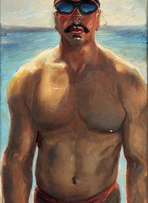 Prompt: painting of a bulky young man with toned muscles wearing aviator glasses and swim shorts and a baseball cap, with dense brown stubble and a thick moustache, sparse chest hair,by Jeremy Mann, stylized, detailed, realistic, warm tones, summer vibes, glistening skin, loose brush strokes