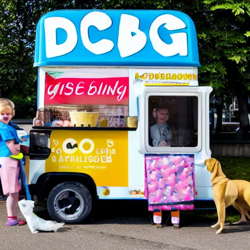 Prompt: dog selling ice cream from an ice cream van