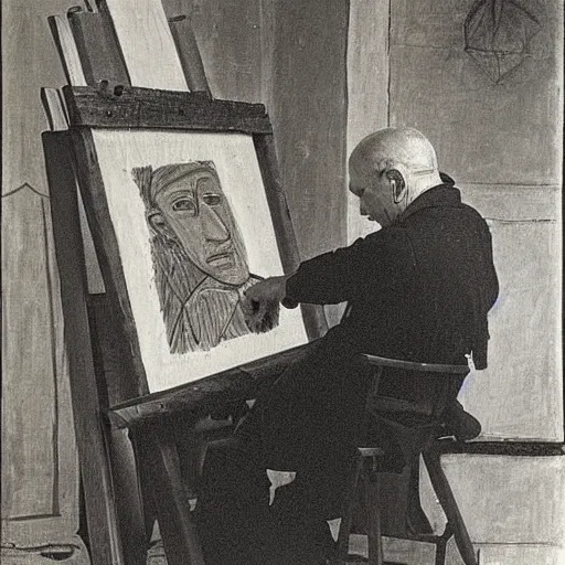 Prompt: Picasso drawing a painting of Rembrandt