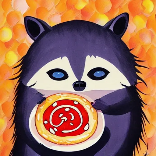 Image similar to a jeremiah ketner and studio ghibli acrylic impasto! painting! of a crying, sad and adorable and cute raccoon eating pizza