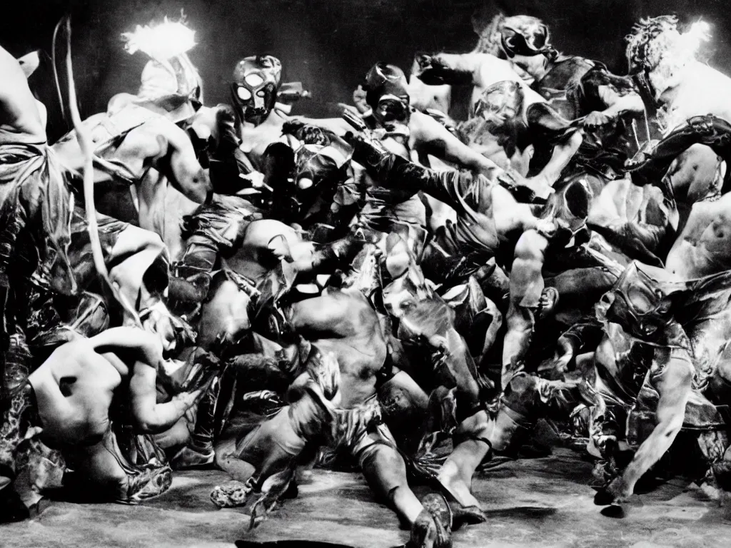 Prompt: photograph of the war of the luchadors : : 5, luchadors : : 4, war : : 3, action scene, dramatic lighting, cinematic, nineteen twenties, vintage, avant garde cinema, dada style, highly realistic, ultra detailed, black and white, by david lynch : : 3, in the style of the movie eraserhead