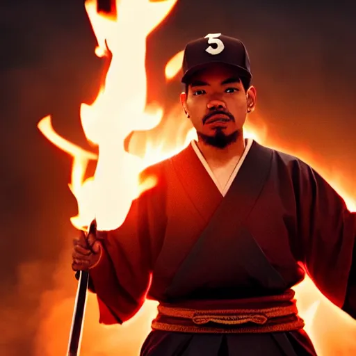 Image similar to cinematic film still of Chance The Rapper starring as a Samurai holding fire, Japanese CGI, VFX, 2022, 40mm lens, shallow depth of field, film photography