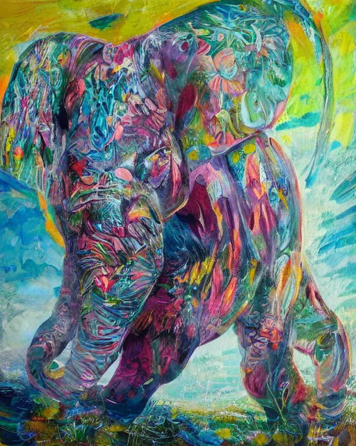 Image similar to hyperrealistic ultra detailed surrealist colorful acrylic pour painting of an elephant by moksha marquardt, rhads, trending on artstation, chillwave, psycedelic, metaphysical, mystical, sense of awe