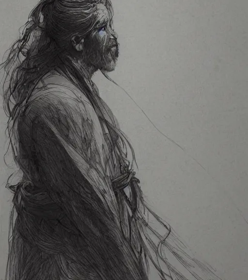 Image similar to portrait of man with long blond hair tied up wearing black robes, pen and ink, intricate line drawings, by craig mullins, ruan jia, kentaro miura, greg rutkowski, loundraw