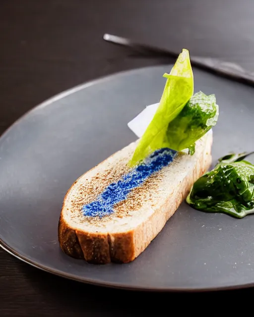 Prompt: food photography of dish consisting of a toast with spreaded blue toothpaste and a toothbrush in a michelin star restaurant,