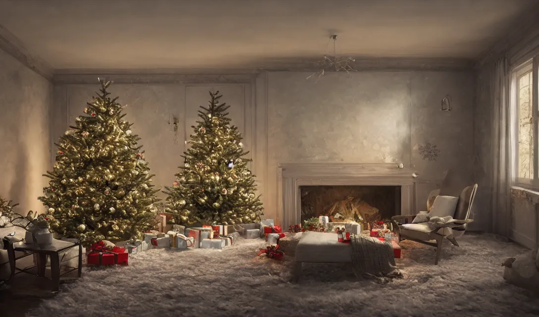 Image similar to a christmas eve in a beautiful home, photorealistic landscape painting on the wall, ascher clemens, home, interior, octane render, deviantart, greg rutkowski, cinematic, key art, hyperrealism, canon eos c 3 0 0, ƒ 1. 8, 3 5 mm, 8 k, medium - format print