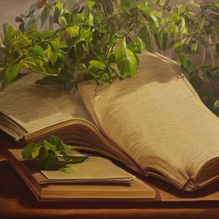 Prompt: still life painting of large book and greenery by tony ackland, deep depth of field. highly detailed, hyper realism, golden hour, god rays, hd, 4 k