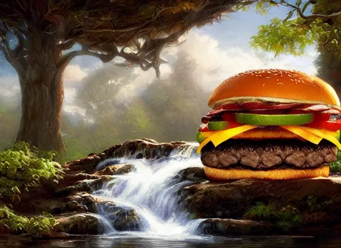 Prompt: a cheeseburger waterfall, nature painting, elegant intricate digital painting artstation concept art by mark brooks and brad kunkle detailed