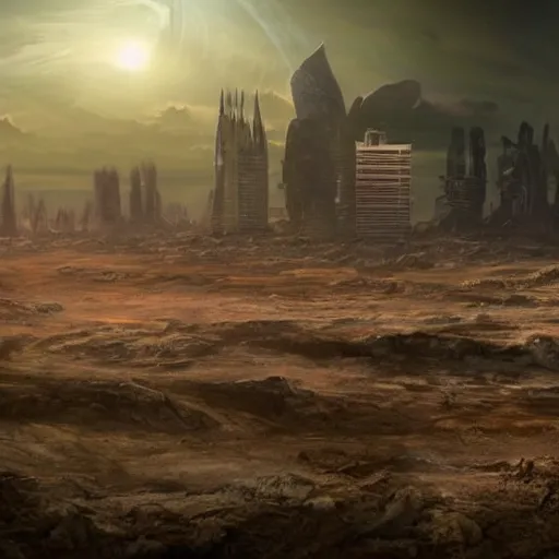 Image similar to sci-fi landscape realistic moonscape with city in distance, craters and harsh sunlight HD widescreen