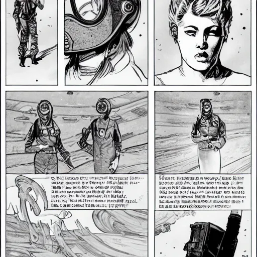 Image similar to comic book page of retrofuture tattooed stoic heroic emotionless dirty butch blonde woman engineer with very short messy dirty hair, full body, staggering on mars, dust storm, thirsty, hungry, uncomfortable awkward and anxious, wearing dark - lensed victorian goggles, wearing dirty ripped flight suit, rough paper, sci fi, behance hd