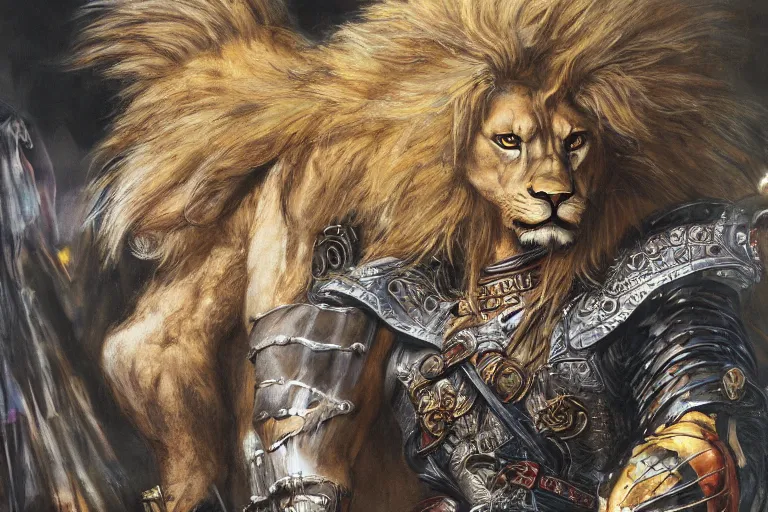 Image similar to 8k Yoshitaka Amano painting of upper body of a young cool looking lion beast-man at a medieval market at windy day. White mane, Depth of field. He is wearing complex fantasy armors. He has huge paws. Renaissance style lighting.