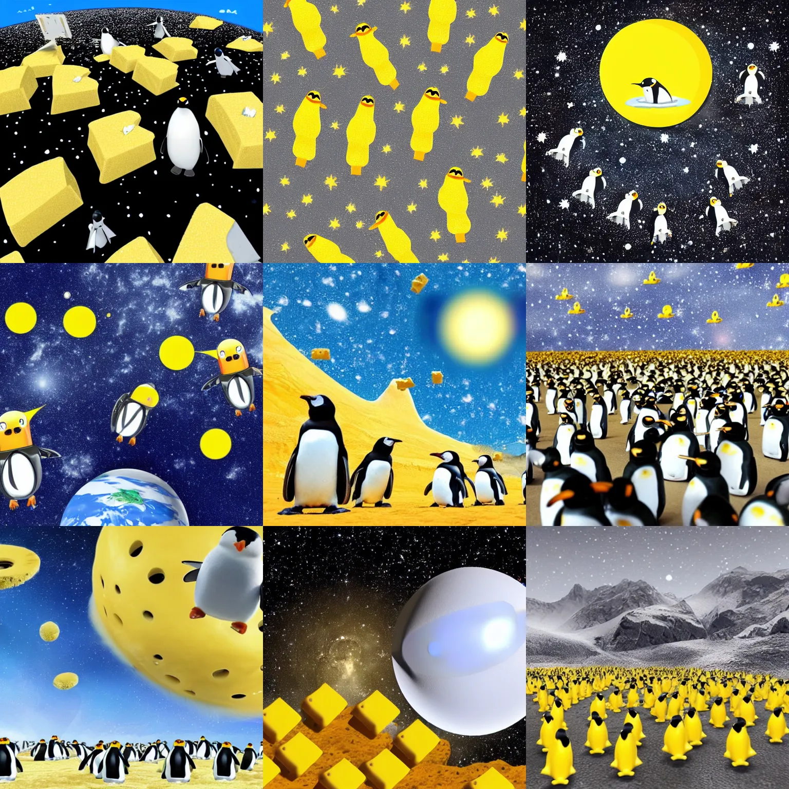 Prompt: planet made of yellow swiss cheese in space, army of robotic penguins, soldier penguins, invasion, hyper-realistic