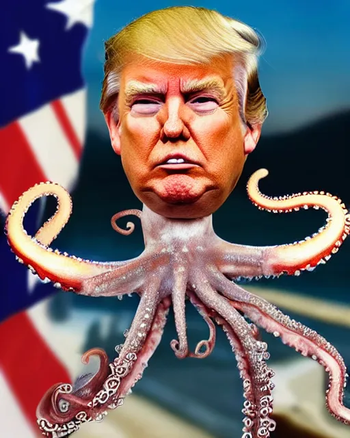 Image similar to Donald Trump with Octopus Tentacles for hands, the tentacles are wet, glistening, and very realistic