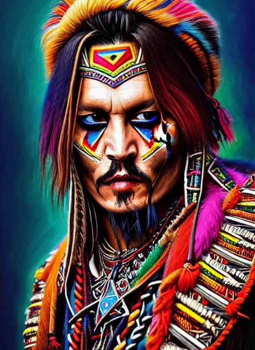 Image similar to portrait of johnny depp, hyper detailed ultra sharp aztec shaman warrior. trending on artstation, warpaint aesthetic, bloodwave, colorful, psychedelic, ornate, intricate, digital painting, concept art, smooth, sharp focus, illustration, art by artgerm and greg rutkowski and h. r. giger, 8 k