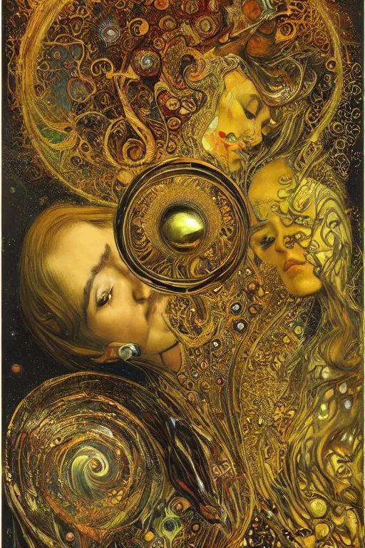 Image similar to Divine Chaos Engine by Karol Bak, Jean Deville, Gustav Klimt, and Vincent Van Gogh, visionary fractal structures, ornate gilded medieval icon, spirals, 8k 3D