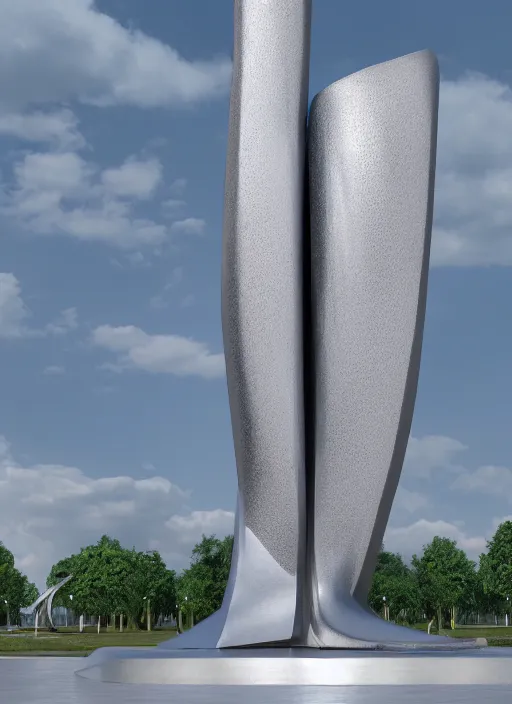 Image similar to highly detailed realistic architecture 3 d render of a huge high futuristic metallic stele sculpture in zaha hadid style standing in city park, archdaily, made in unreal engine 4 octane render