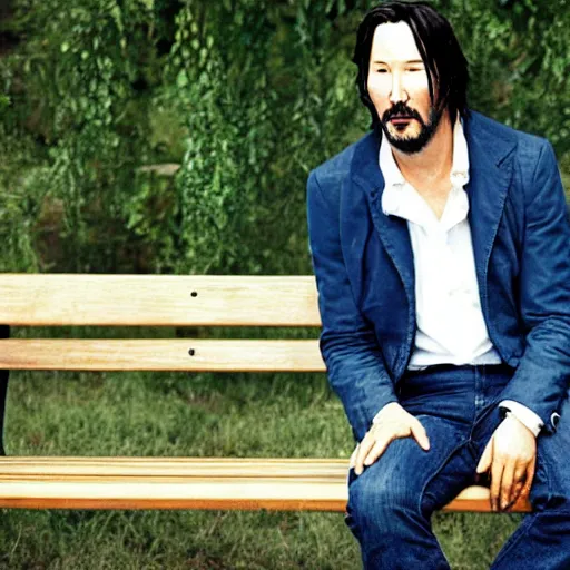 Image similar to GQ picture of Keanu Reeves sitting on a bench looking sad -35 mm - Calvin Klein Jacket ($599) Seven for all mankind jeans ($225)