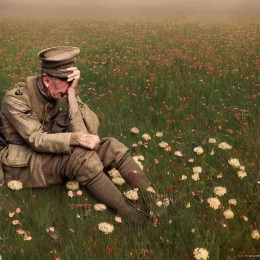 Prompt: A WWI veteran, tired, melancholic, in a field of flowers, photorealistic, detailed, 8K