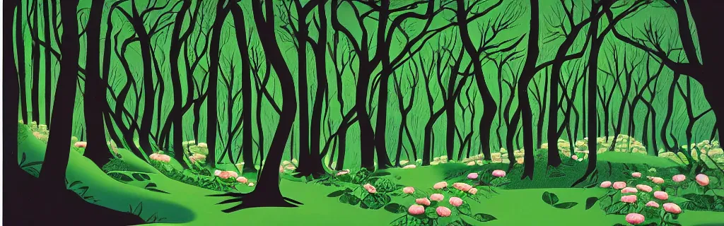 Prompt: forest with green roses, animated film, stylised, illustration, by eyvind earle, scott wills, genndy tartakovski