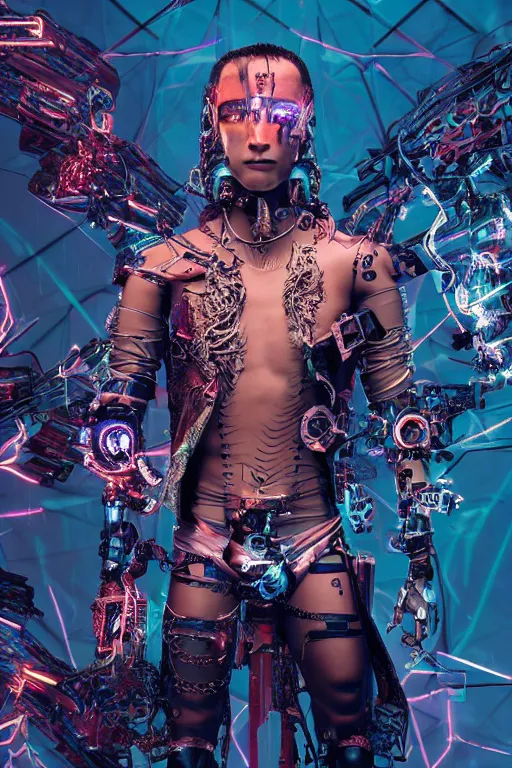 Image similar to full-body cyberpunk style sculpture of a young handsome Colombian prince half android with a chest opening exposing circuitry and electric sparks, glowing pink eyes, crown of blue flowers, flowing salmon-colored silk, fabric, raptors. baroque elements. full-length view. baroque element. intricate artwork by caravaggio. many many birds birds on background. Trending on artstation, octane render, cinematic lighting from the right, hyper realism, octane render, 8k, depth of field, 3D