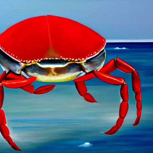 Image similar to red crab holding a sardine on a beach, oil on canvas, extremely detailed,