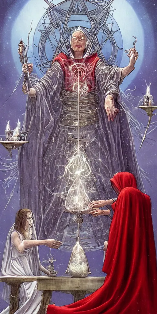 Image similar to tarot card of Magician white robe purity, red cloak, knowledge, table in front with a cup, pentacle, sword and wand – water, earth, air and fire, unlimited potential, flowers, fruition of ideas by framk frazzeta, brom, luis royo, Zdzisław Beksiński and thu berchs James Gurney unreal engine, Trending on artstation.