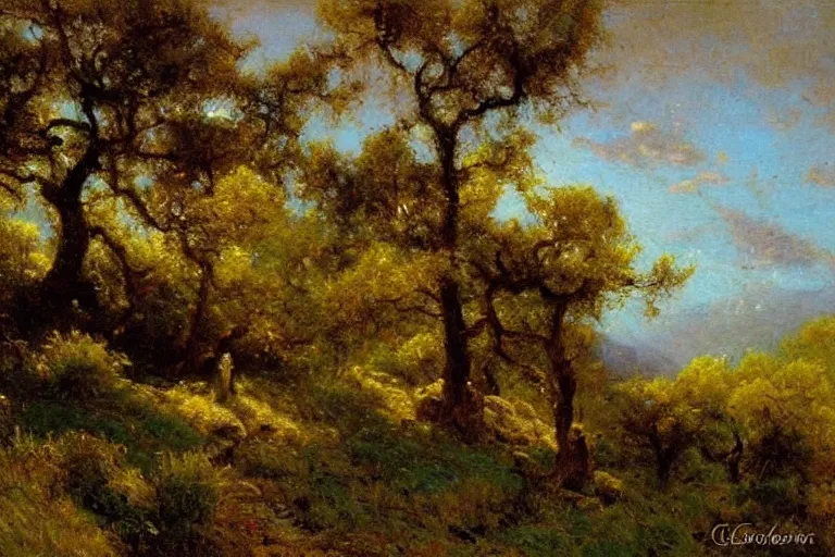 Image similar to masterpiece painting of oak trees on a hillside overlooking a creek, dramatic lighting, by gaston bussiere