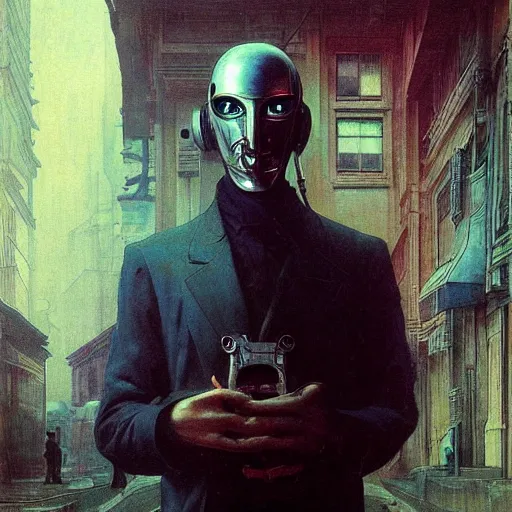 Image similar to portrait of masked cyberpunk scientist on the art deco streets of the Empire city, award-winning realistic sci-fi concept art by Beksinski, Bruegel, Greg Rutkowski, Alphonse Mucha, and Yoshitaka Amano