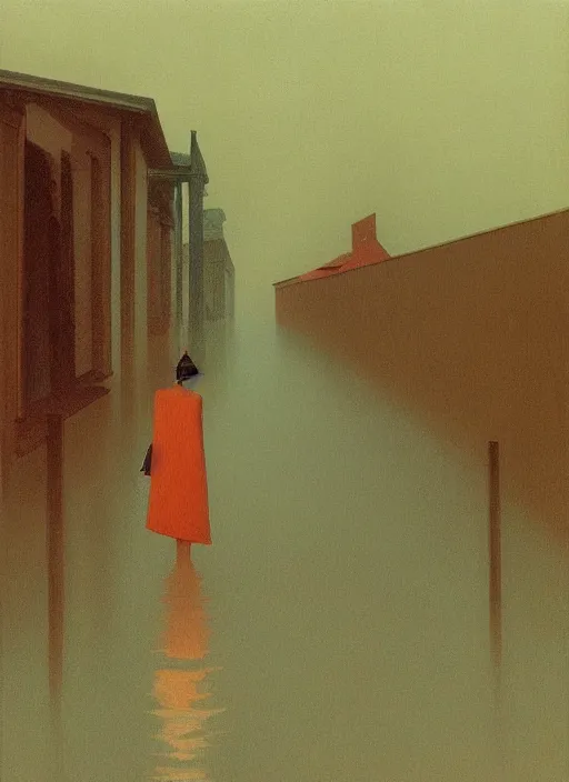 Image similar to woman in paper bag over the head on flooded street Edward Hopper and James Gilleard, Zdzislaw Beksinski, highly detailed