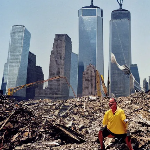 Image similar to a wide shot of a very drunk evil Rudy Giuliani squatting smiling wearing a yellow speedo on top of the world trade center rubble pile in new york