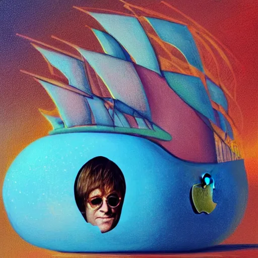 Prompt: elton john lennon inside an apple - shaped ship, digital art, oil painting, ultradetailed, artstation