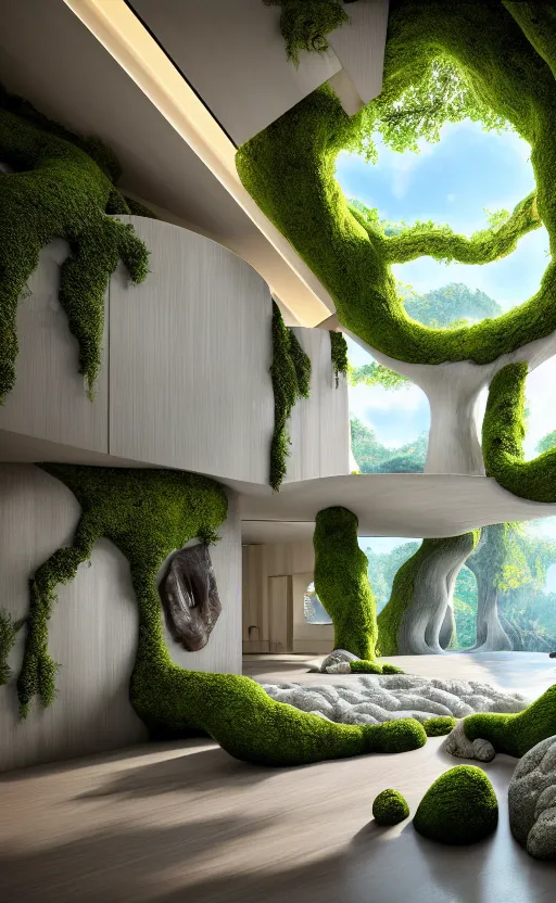 Image similar to highly detailed villa natural beautiful light interior soft cinematic composition of a smooth ceramic porcelain biomorphic magnolia stone nebula fluid sci - fi surreal colorful architecture landscape, furniture, granite, trees, marble, moss, lichen, fungi, vincent callebaut composition, mamou - mani, archviz, 8 k, unreal engine, hdr