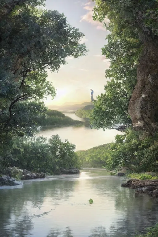 Image similar to a beautiful woman looking to the right side wearing a white dress, river in the background, serene scene, soft lighting, complementary colors, anatomically correct, five fingers, matte painting, centered, symmetrical, low contrast, heaven, path traced, highly detailed, high quality, 4 k, hyperrealistic, soft colors, beautiful landscape, realistic and defined face