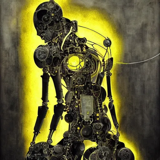 Prompt: a fullmetal wired neon robot kerberos in yellow noir without memory nor feelings, althoughbhe believes he is a god, oil on canvas by dave mckean and esao andrews