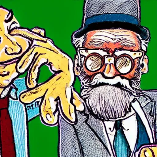 Image similar to The Artwork of R. Crumb and his Cheap Suit crazy old man dancing, pencil and colored marker artwork, trailer-trash lifestyle