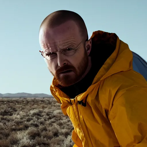 Image similar to Live Action Still of Aaron Paul dressed as Walter White, real life, hyperrealistic, ultra realistic, realistic, highly detailed, epic, HD quality, 8k resolution, body and headshot, film still