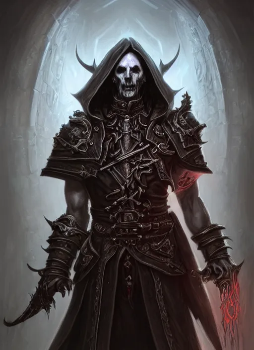 Image similar to portrait of an old male necromancer as a diablo 3 character, looking at camera, D&D, undead magic, long black hair, intricate, elegant, stylish, cute smile, fantasy, extremely detailed, digital painting, artstation, concept art, smooth, sharp focus, illustration, ambient lighting, art by artgerm and greg rutkowski and alphonse mucha and simon stalenhag