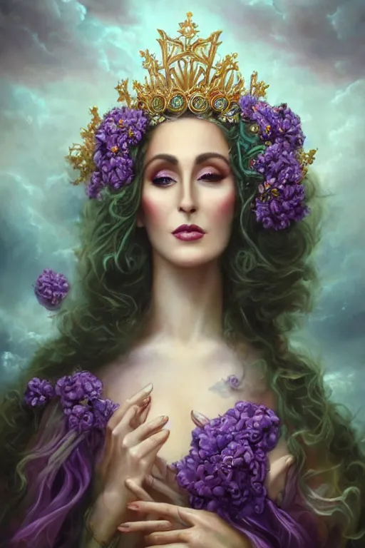 Prompt: closeup portrait fine art photo of the beauty cher, she has a crown of stunning flowers and dress of purple satin and gemstones, background full of stormy clouds, by peter mohrbacher