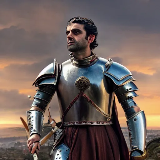 Image similar to renaissance painting of oscar isaac in armor playing achilles, ancient city in background, ultra detailed, movie poster, in the style of leonardo davinci