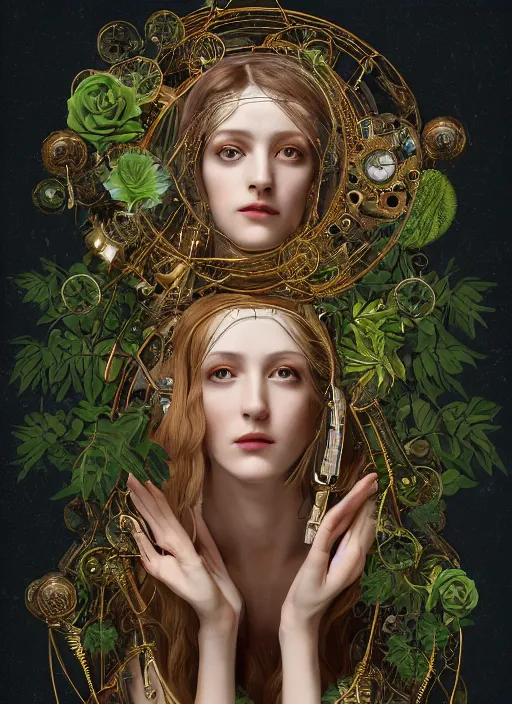 Image similar to symmetrical renaissance painting of android woman covered by plants and crystalsin the mystical forest, beautiful symmetrical face, wires and cords, golden steampunk, retro futurism, sci - fi, filigree jewellery, baroque, cinematic light, mystical shadows, 8 k