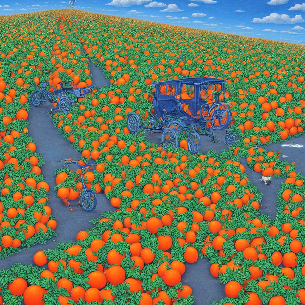 Image similar to a orange strawberry field seen by far in a car riding by, by Rob Gonsalves