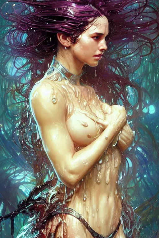 Image similar to portrait of a beautiful woman wearing a cyberpunk armor, drenched body, wet dripping hair, emerging from the water, fantasy, regal, fractal crystal, fractal gems, by stanley artgerm lau, greg rutkowski, thomas kindkade, alphonse mucha, loish, norman rockwell ross tran