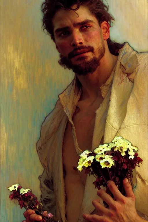 Image similar to attractive man holding flowers, painting by gaston bussiere, craig mullins, greg rutkowski, alphonse mucha