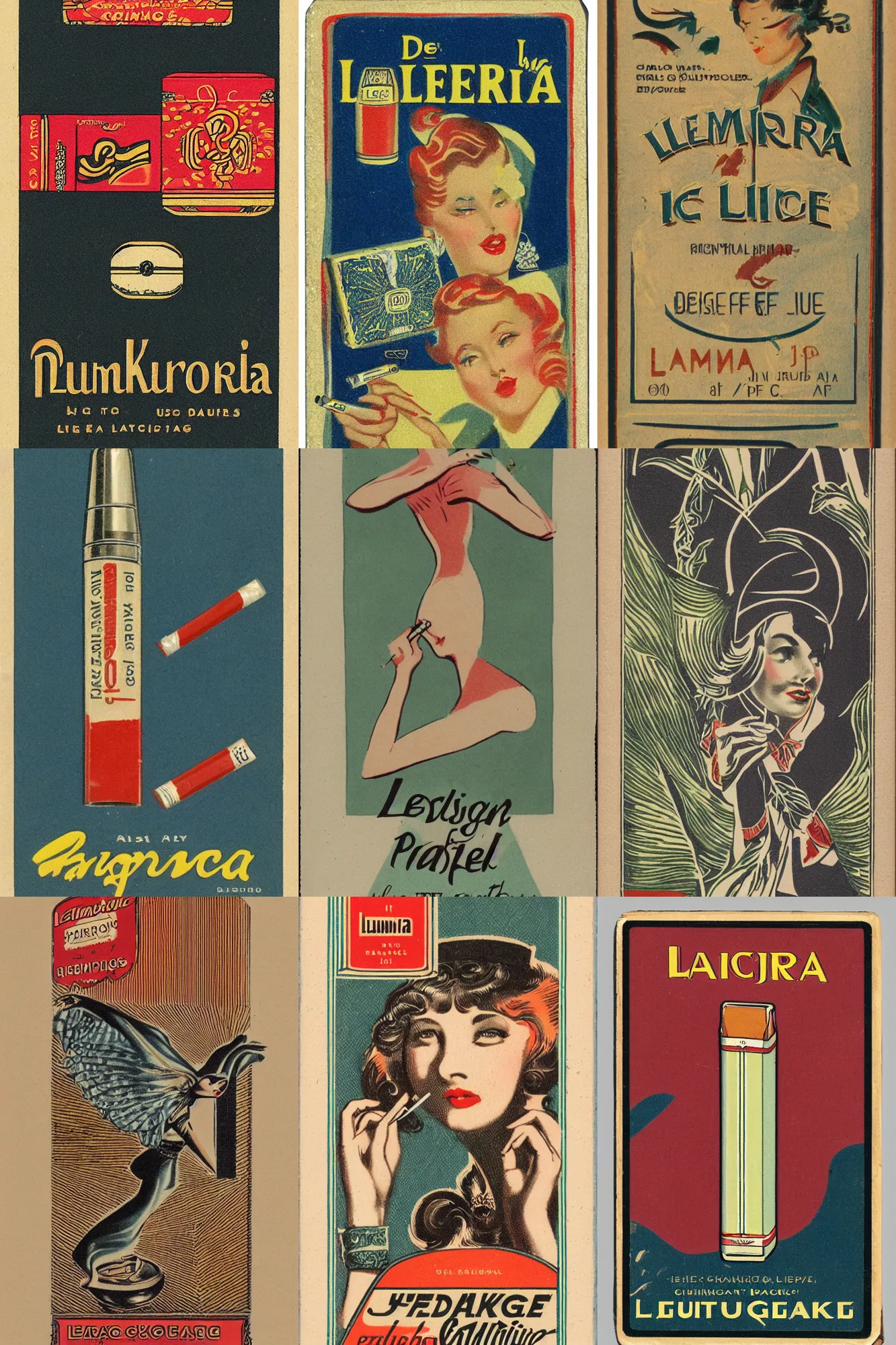 Prompt: design for a vintage cigarette pack from lemuria