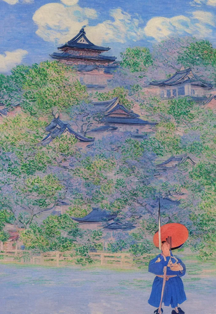 Image similar to tiny samurai in front of a futuristic japanese country side landscape, edo era house in the background, blue sky, magnificient clouds, lofi vibe, vivide colors, amazing light, really beautiful nature, oil painting, impressionist style, by claude monet, by ghibli, kandinsky touches, multiple brush strokes, masterpiece