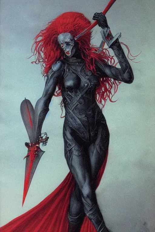 Prompt: vampire woman with red hair holding two swords by wayne barlowe