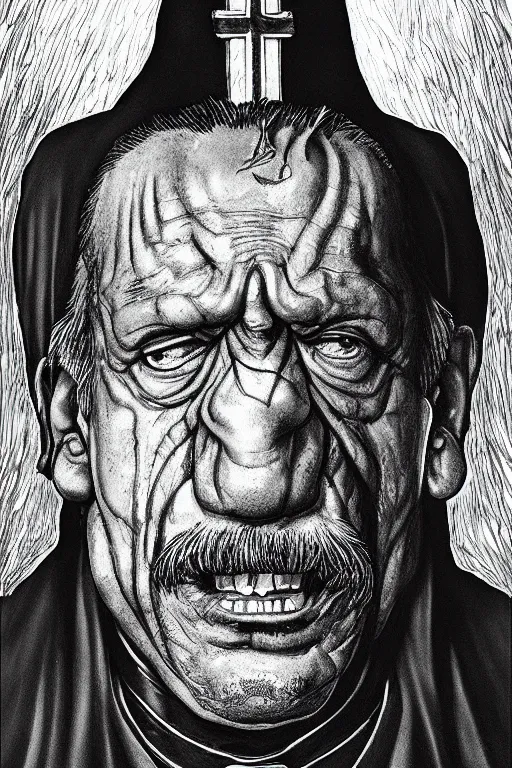 Image similar to Danny Trejo as church nun, dark fantasy, highly detailed, artstation, manga illustration by Kentaro Miura berserk